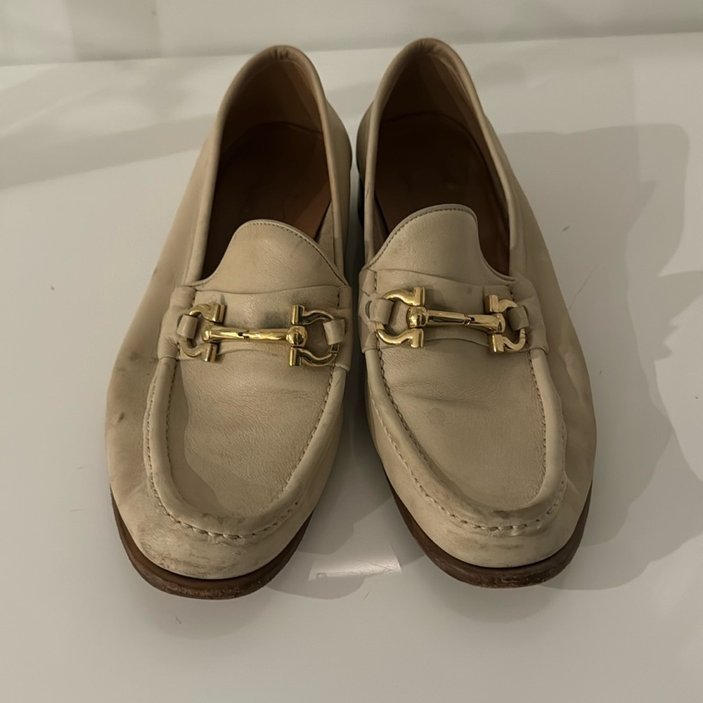 White leather Ferragamo loafers